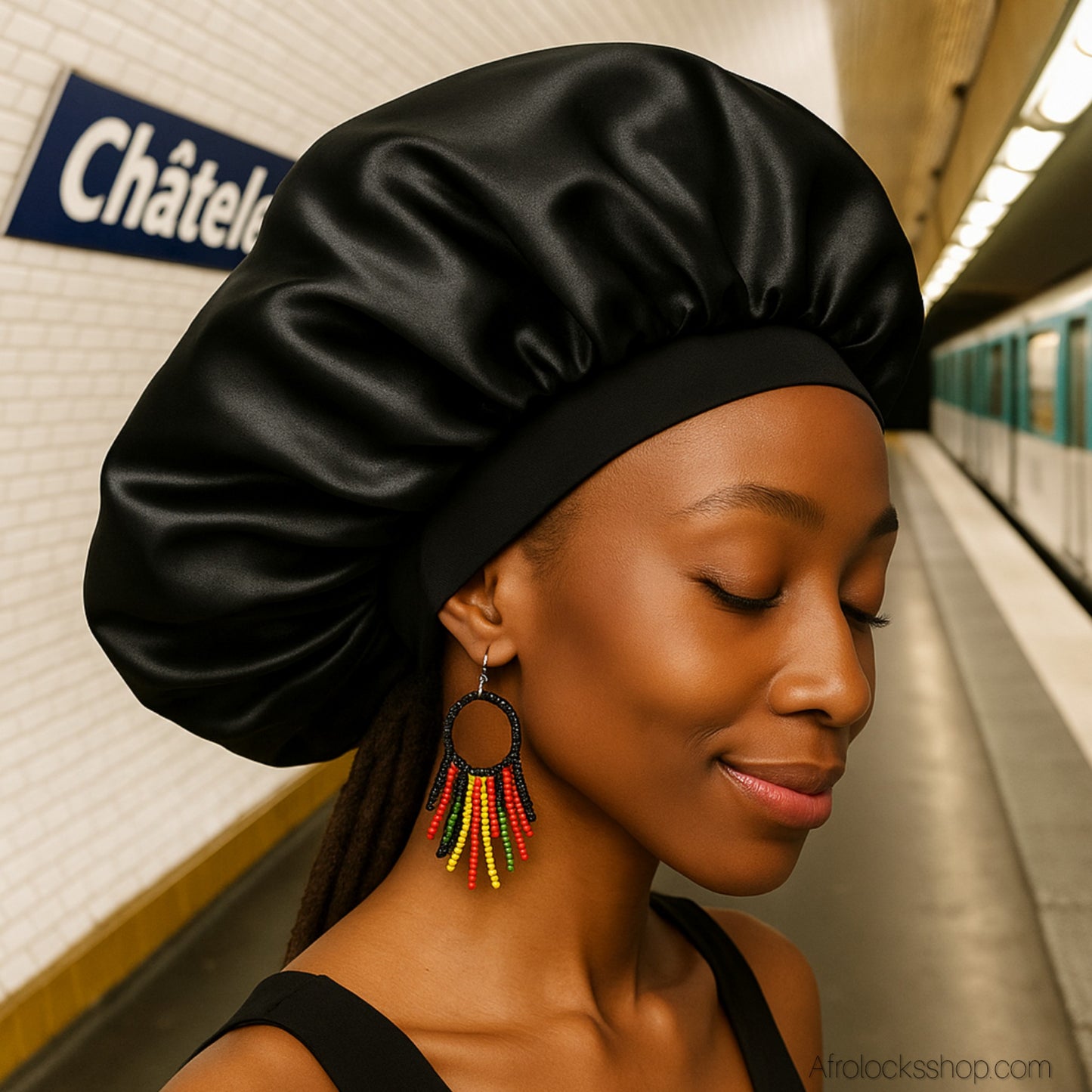 Bonnet en satin noir élastiqué – Confort & protection cheveux anti-frisottis