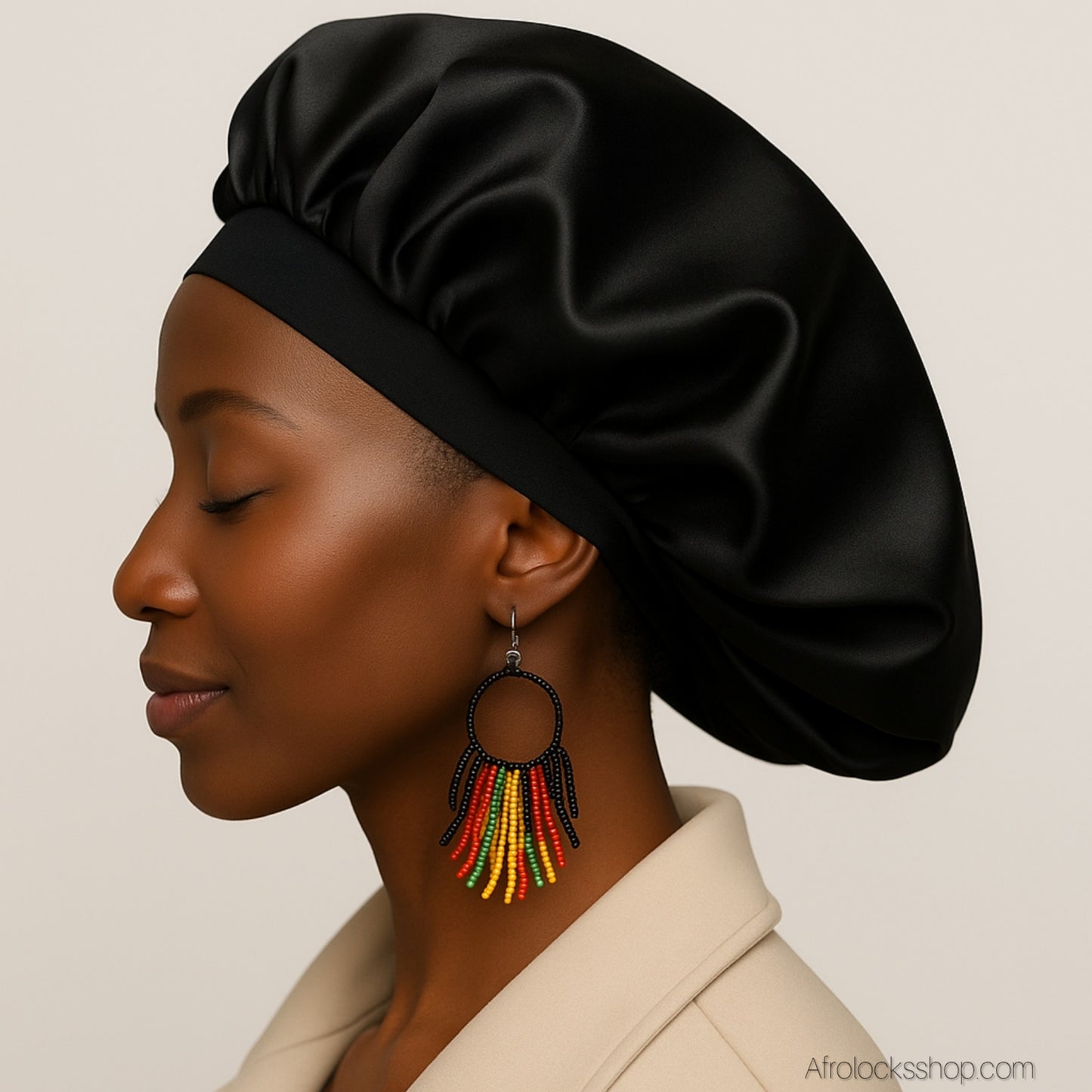 Bonnet en satin noir élastiqué – Confort & protection cheveux anti-frisottis