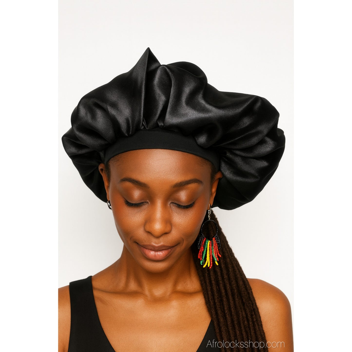 Bonnet en satin noir élastiqué – Confort & protection cheveux anti-frisottis