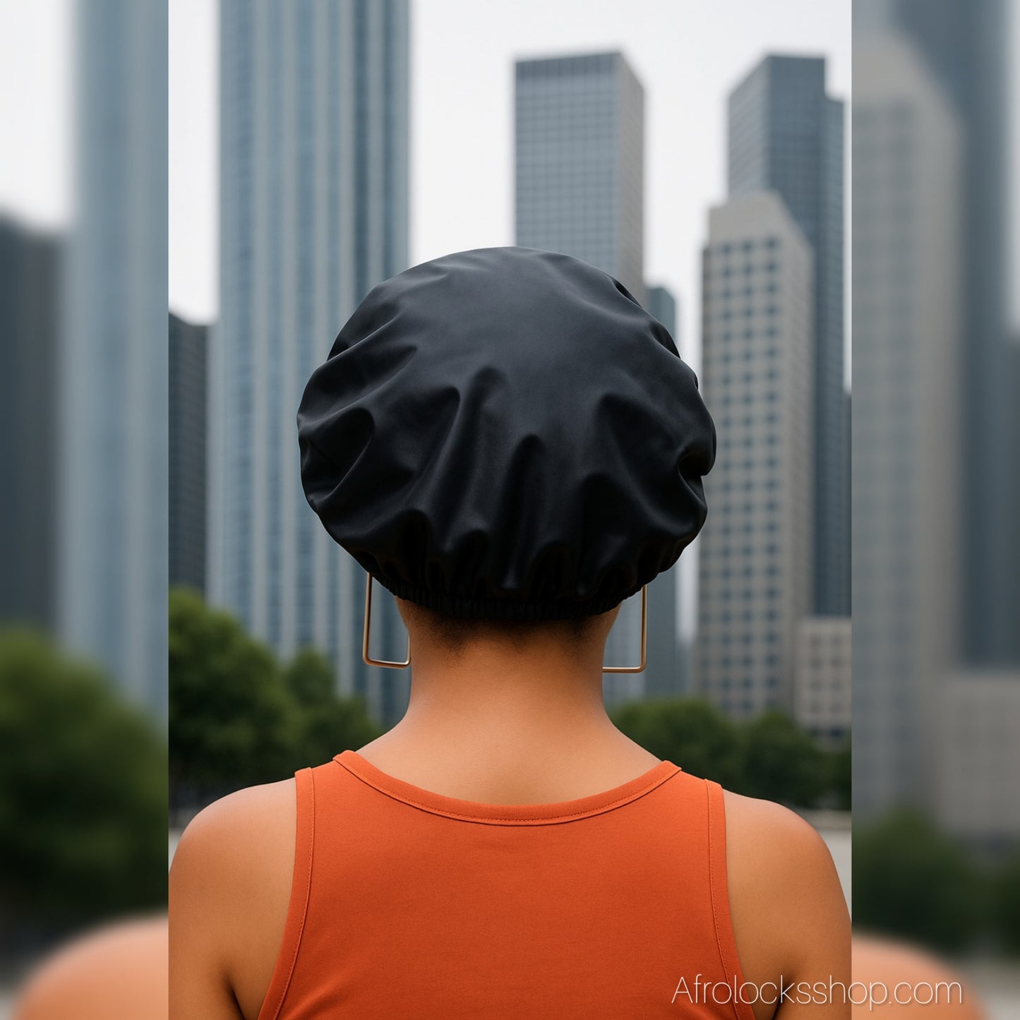 Bonnet satin noir extensible pour cheveux volumineux – bande élastiquée & strass – anti-friction nuit & jour