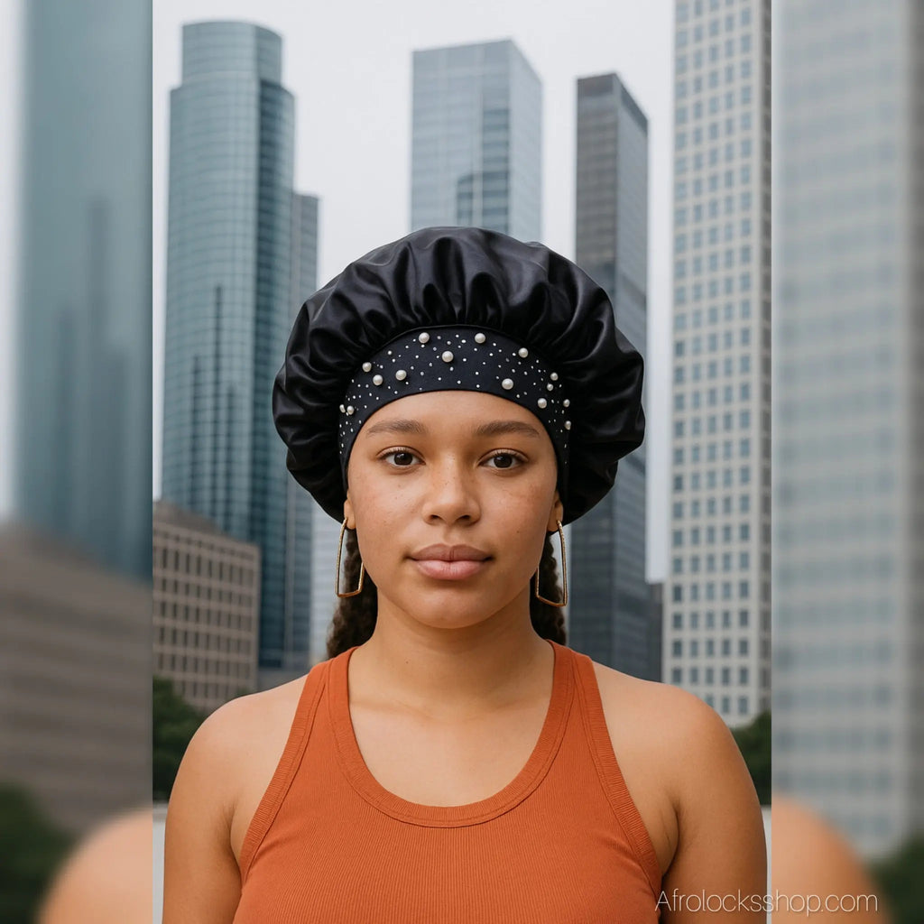 Bonnetsatinnoirstrassextensiblevolumineux2 - Afro Locks Shop