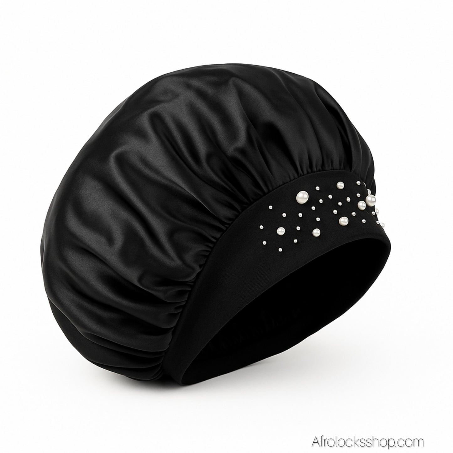 Bonnet satin noir extensible pour cheveux volumineux – bande élastiquée & strass – anti-friction nuit & jour