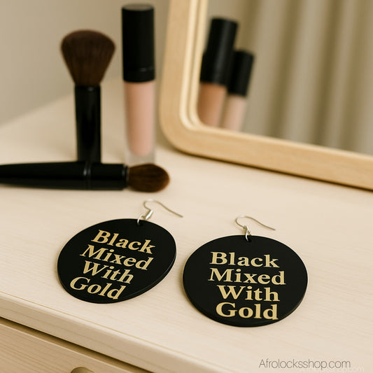 Paire de boucles en bois noir avec statement afro ecrit black mixed with gold