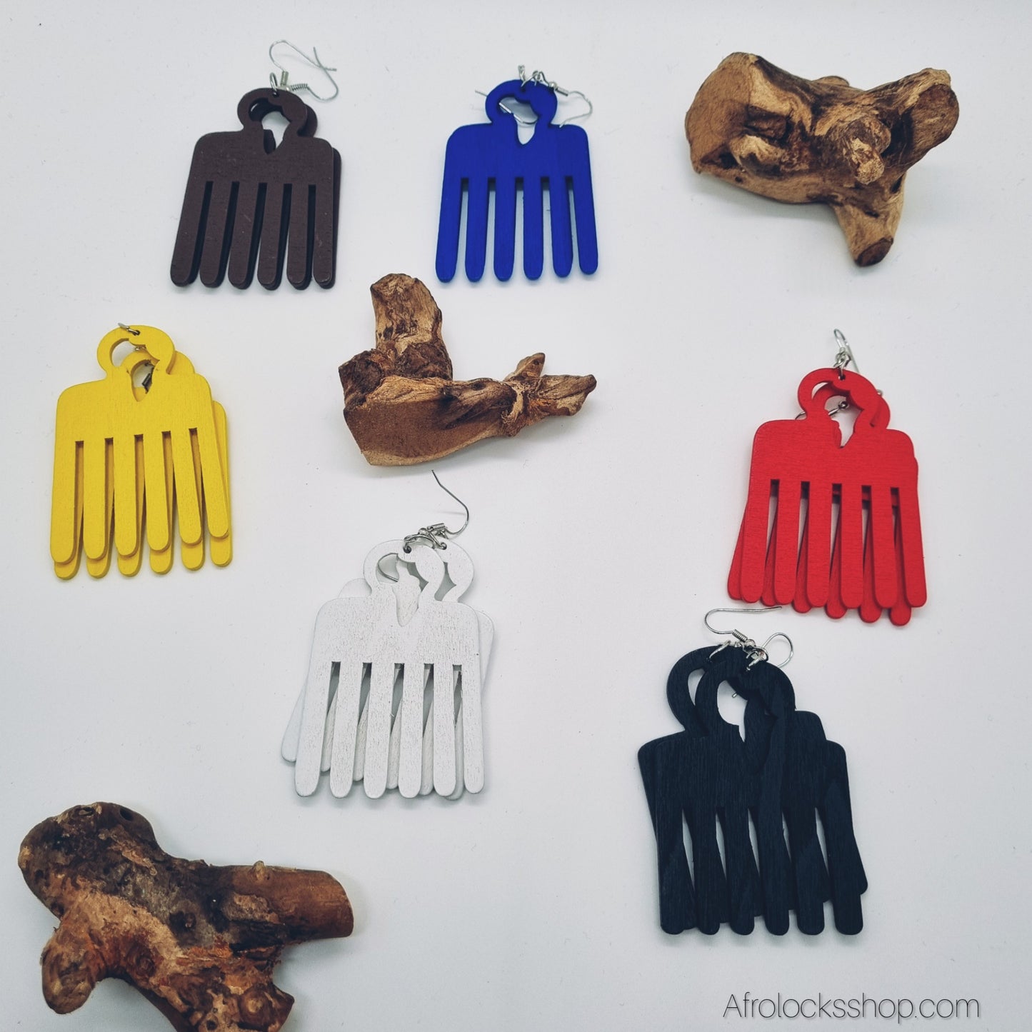 Boucles d’oreilles « Peigne Afro » en bois – découpe Afrique & style Adinkra – 6 cm – 6 couleurs – légères