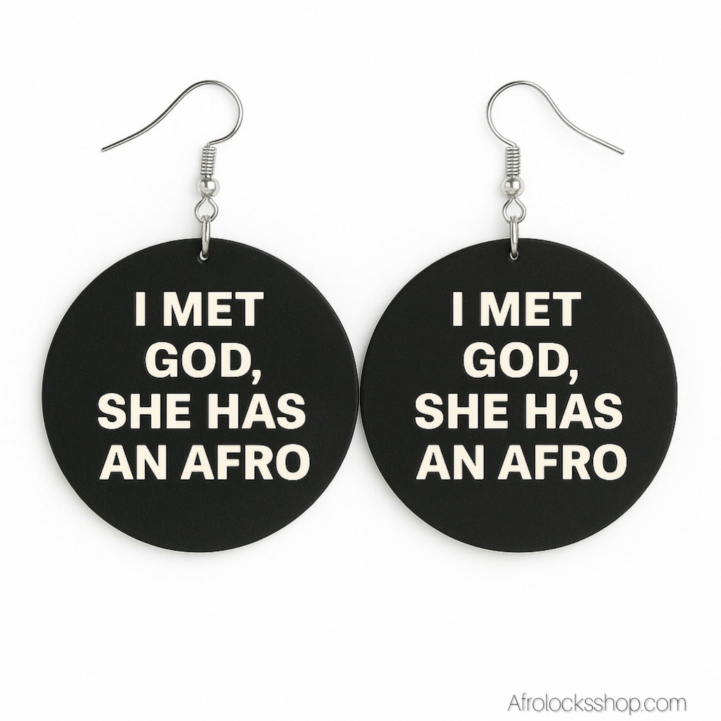 Boucles en bois Ø6 cm – “I met God, she has an Afro” – verso noir