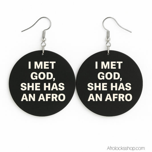 Boucles en bois Ø6 cm – “I met God, she has an Afro” – verso noir