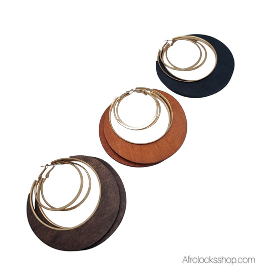 Boucles XXL bois & anneau doré – 3 coloris (Ø 8 cm, légères)