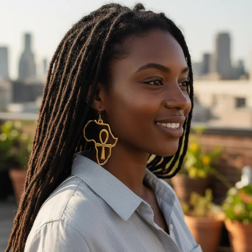 Boucles_d_Oreilles_Carte_Afrique_Croix_Ankh_Or_-_Acier_Inoxydable_7_cm_1 - Afro Locks Shop
