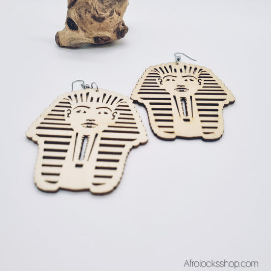 Boucles d’oreilles Pharaon – Bois léger 8 cm, métal argenté