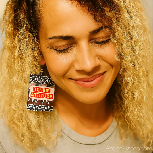 Boucles d’oreilles “TCHIIIP ATTITUDE” – bogolan – grand format léger (6×5 cm)