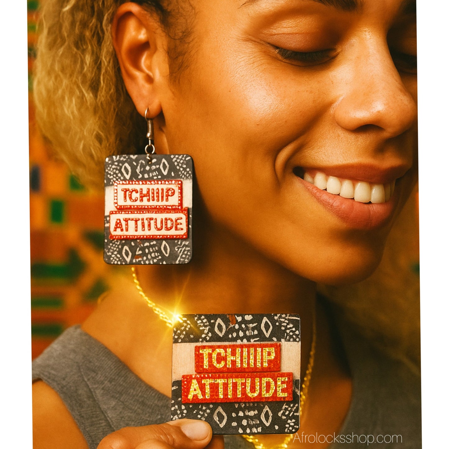 Boucles d’oreilles “TCHIIIP ATTITUDE” – bogolan – grand format léger (6×5 cm)