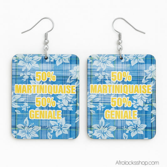 Boucles d’oreilles “50% Martiniquaise 50% Géniale” – grand format léger (6×5 cm)