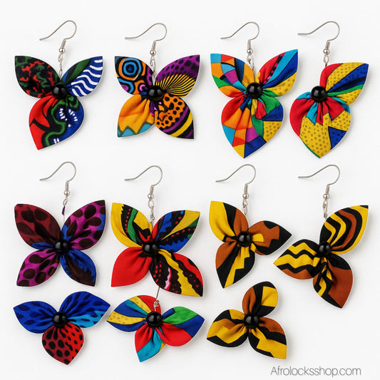 Boucles d’oreilles fleur en wax 🌺 – fait main au Sénégal (6×7 cm)