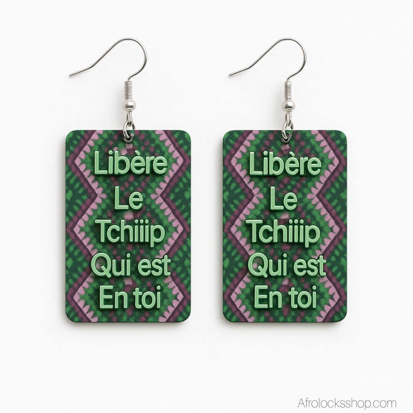 Boucles d’oreilles – “Libère le Tchiiip” 💚 – design AfroLocksShop – légères 6×5 cm