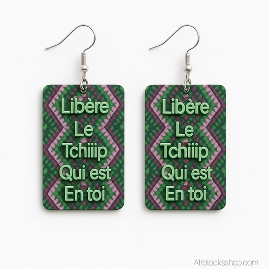 Boucles d’oreilles – “Libère le Tchiiip” 💚 – design AfroLocksShop – légères 6×5 cm