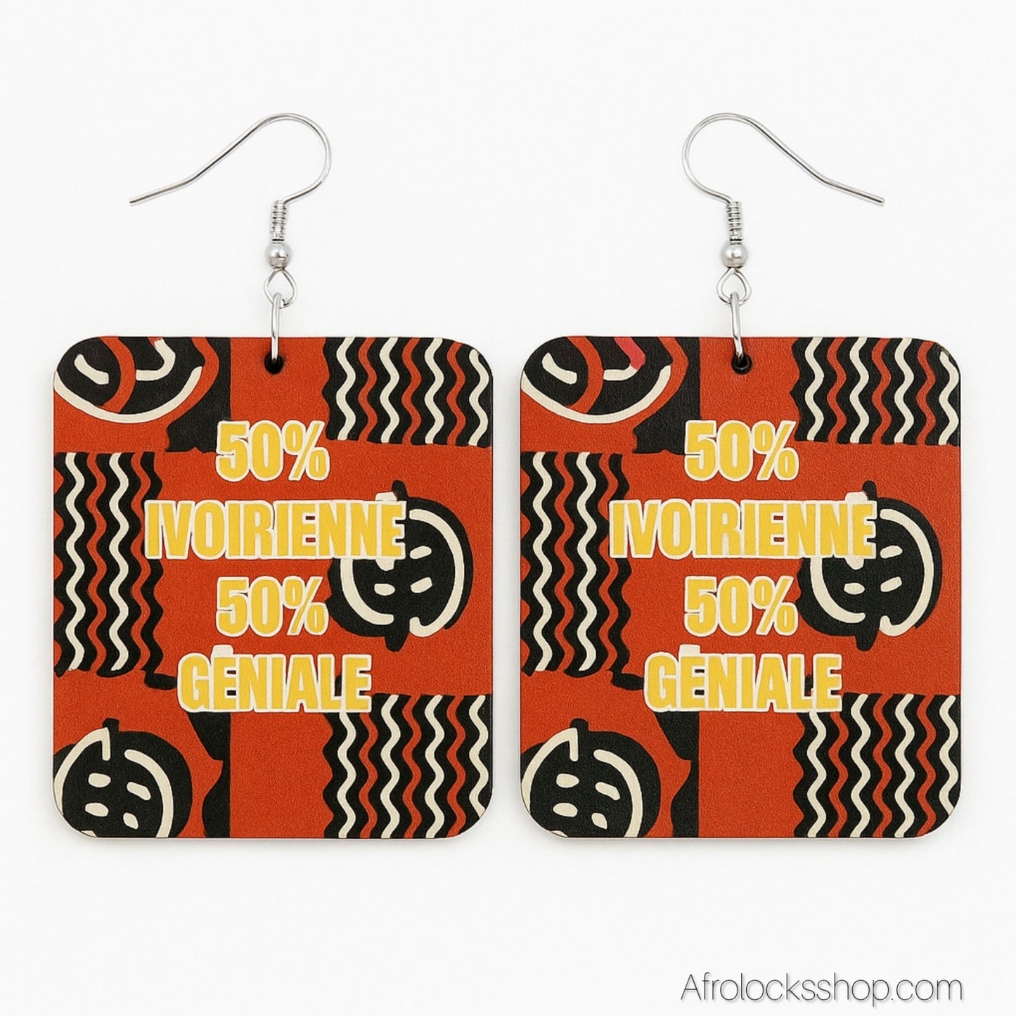 Boucles d’oreilles “50% Ivoirienne 50% Géniale” – grand format léger (6×5 cm)