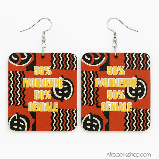 Boucles d’oreilles “50% Ivoirienne 50% Géniale” – grand format léger (6×5 cm)