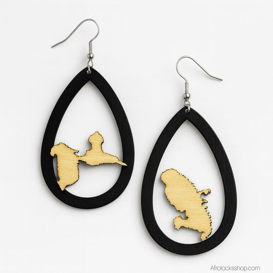 Boucles d’oreilles carte Guadeloupe / Martinique — bois bicolore 8×5 cm