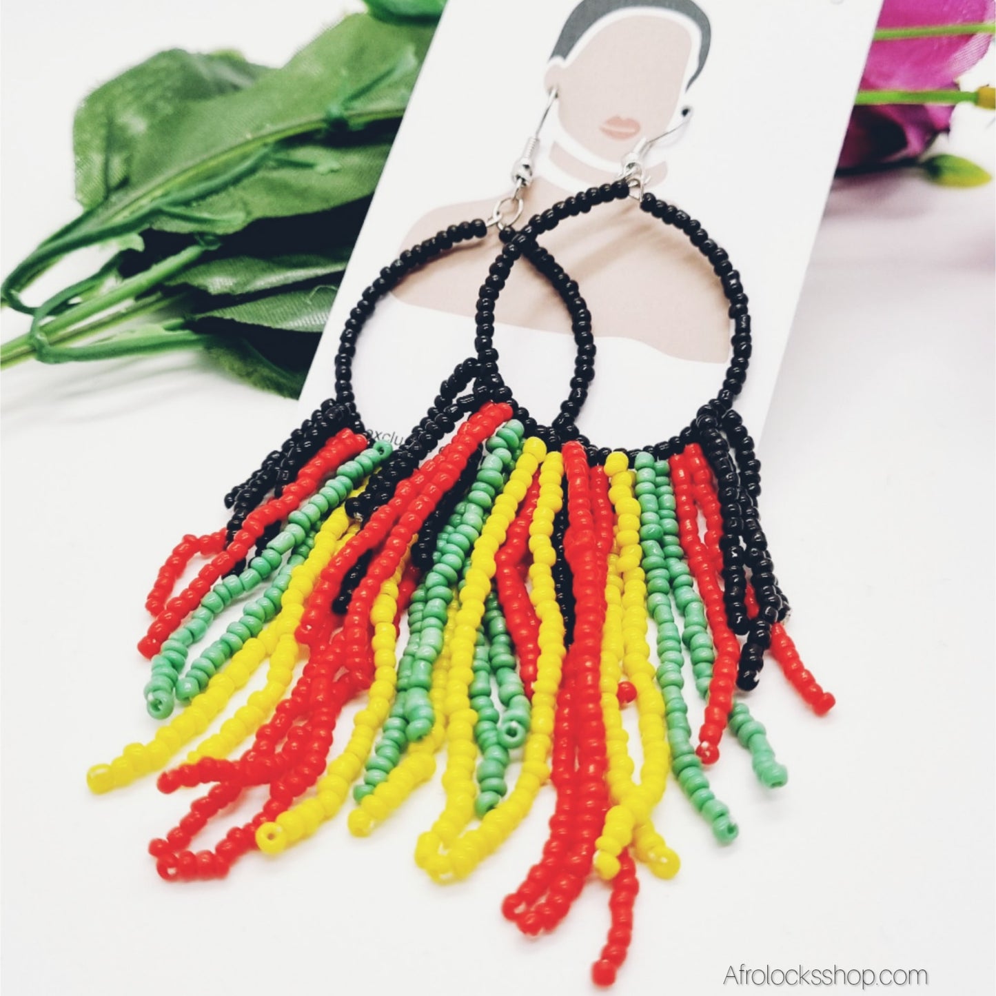 🌈 Boucles d’oreilles perles Rasta – pendantes 9 cm (noir • rouge • jaune • vert)