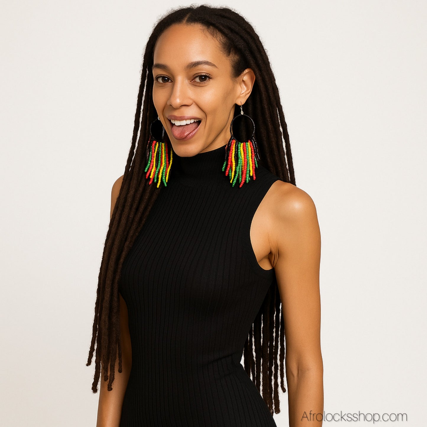 🌈 Boucles d’oreilles perles Rasta – pendantes 9 cm (noir • rouge • jaune • vert)