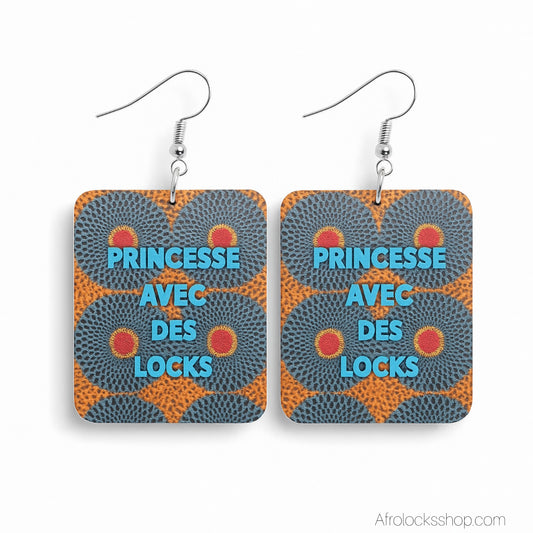 Boucles d’oreilles « Princesse avec des locks » – wax – bois 6×5 cm – recto-verso – mini-séries