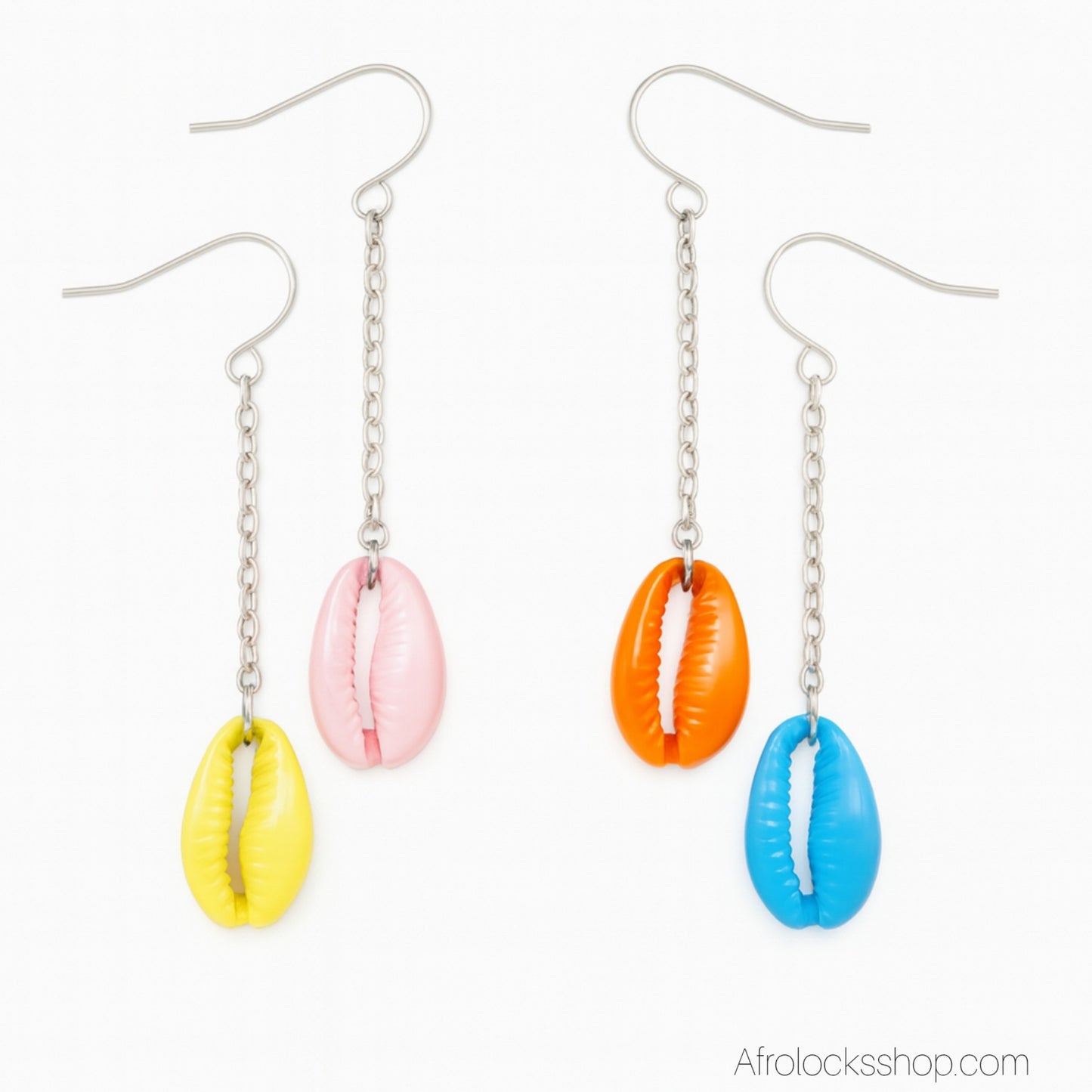 Boucles d’oreilles cauris multicolores – lot de 4 – mix & match – longueur ~6 cm