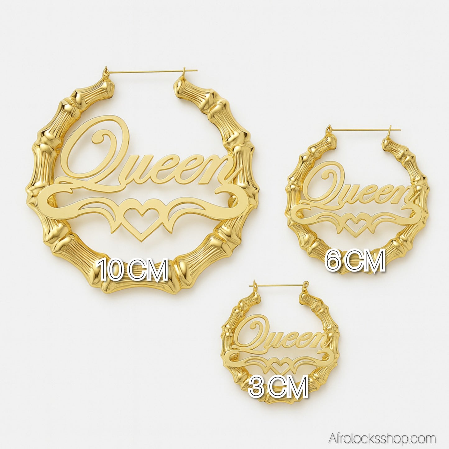 Boucles d’oreilles « Queen » en bambou – 👑 plaqué or premium – 3 tailles (10 cm, 6 cm, 3 cm)