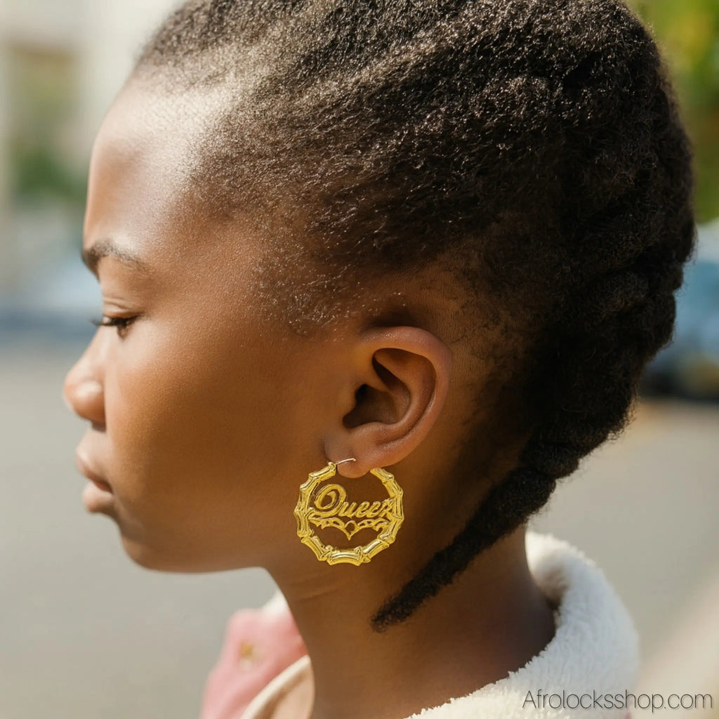 Bouclesoreillesbambouhoopsplaqueorqueen6 - Afro Locks Shop