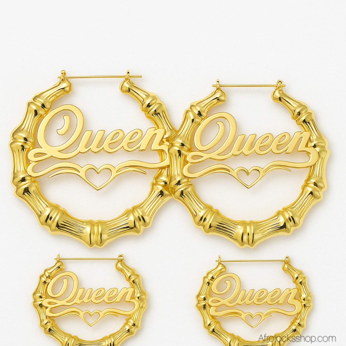 Boucles d’oreilles « Queen » en bambou – 👑 plaqué or premium – 3 tailles (10 cm, 6 cm, 3 cm)