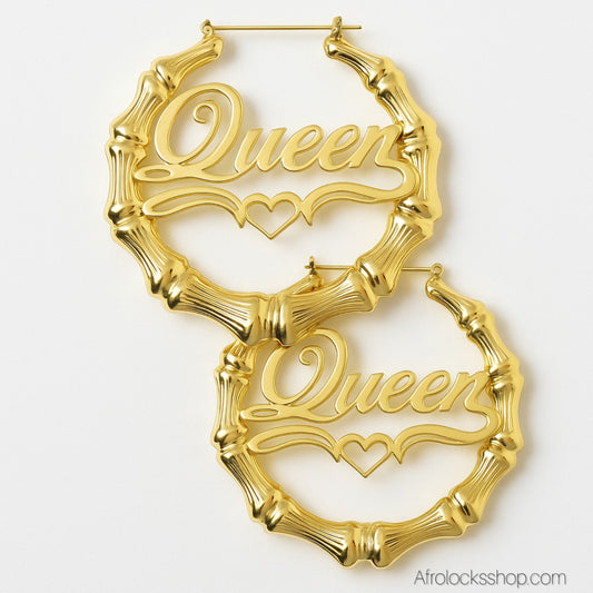 Boucles d’oreilles « Queen » en bambou – 👑 plaqué or premium – 3 tailles (10 cm, 6 cm, 3 cm)