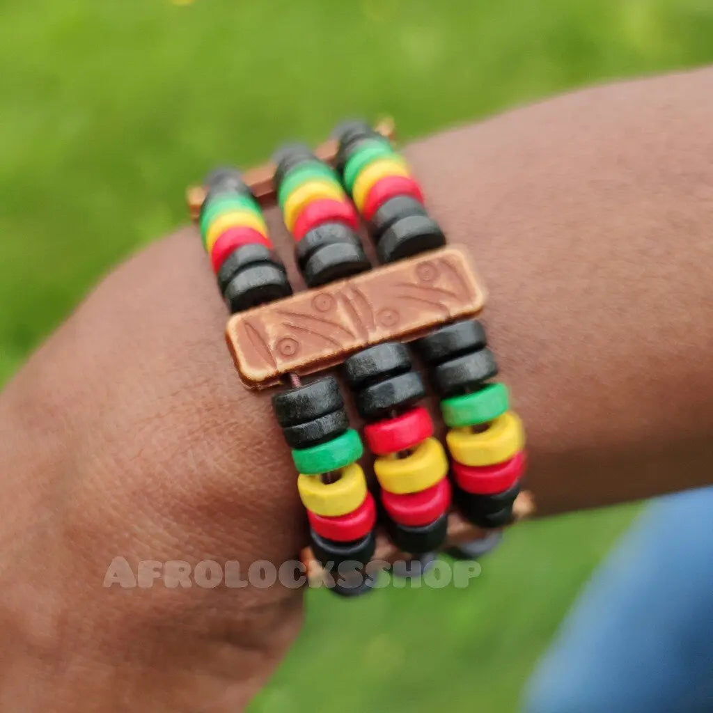 Bracelet_Rasta_en_Perles_de_Bois_Manchette_lastique_Unisexe - Afro Locks Shop