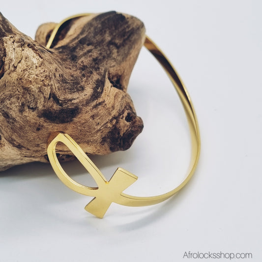 Bracelet Ankh – jonc doré en acier inox 316L, rigide & ajustable