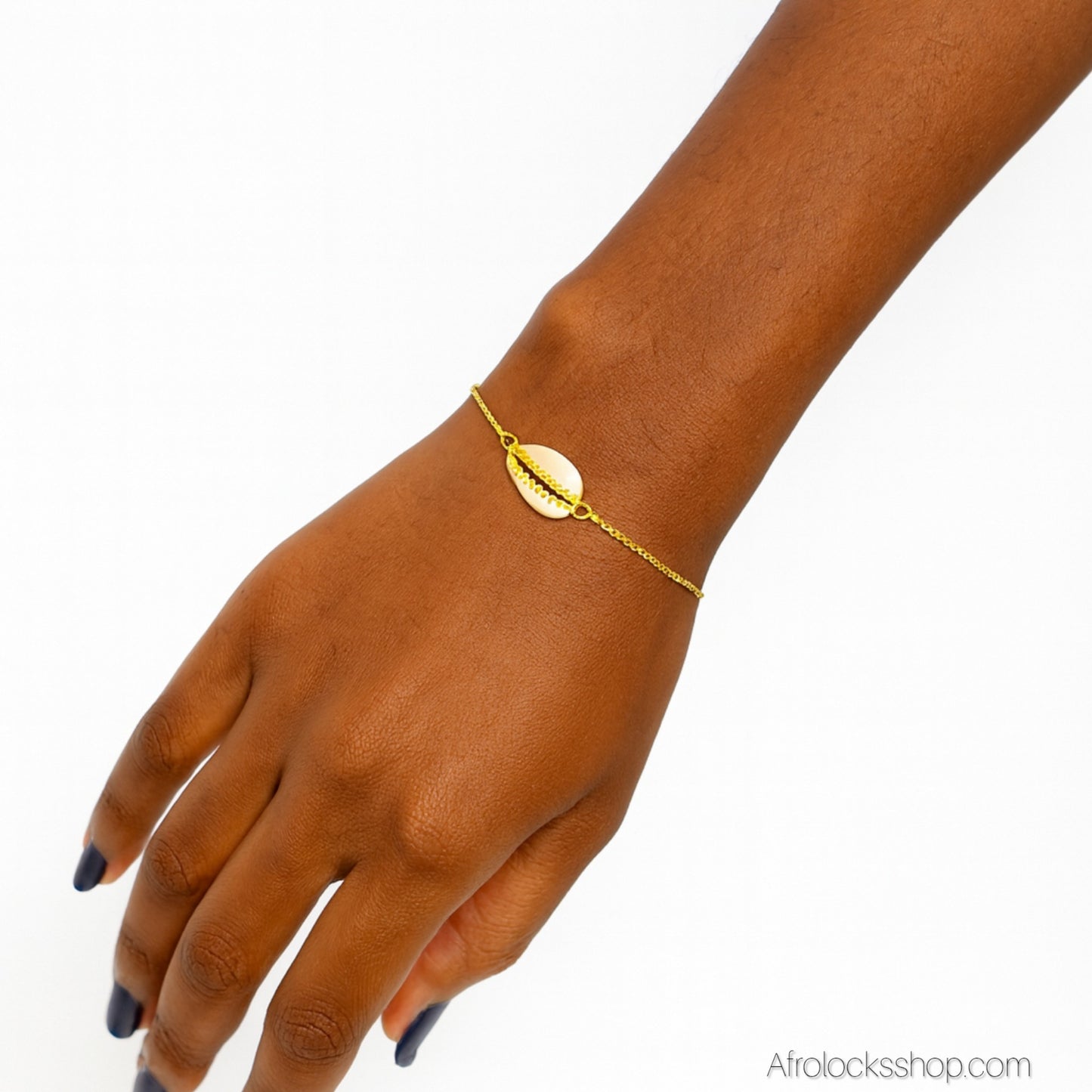 Bracelet cauri synthétique doré – chaîne coulissante ajustable avec pampilles strass