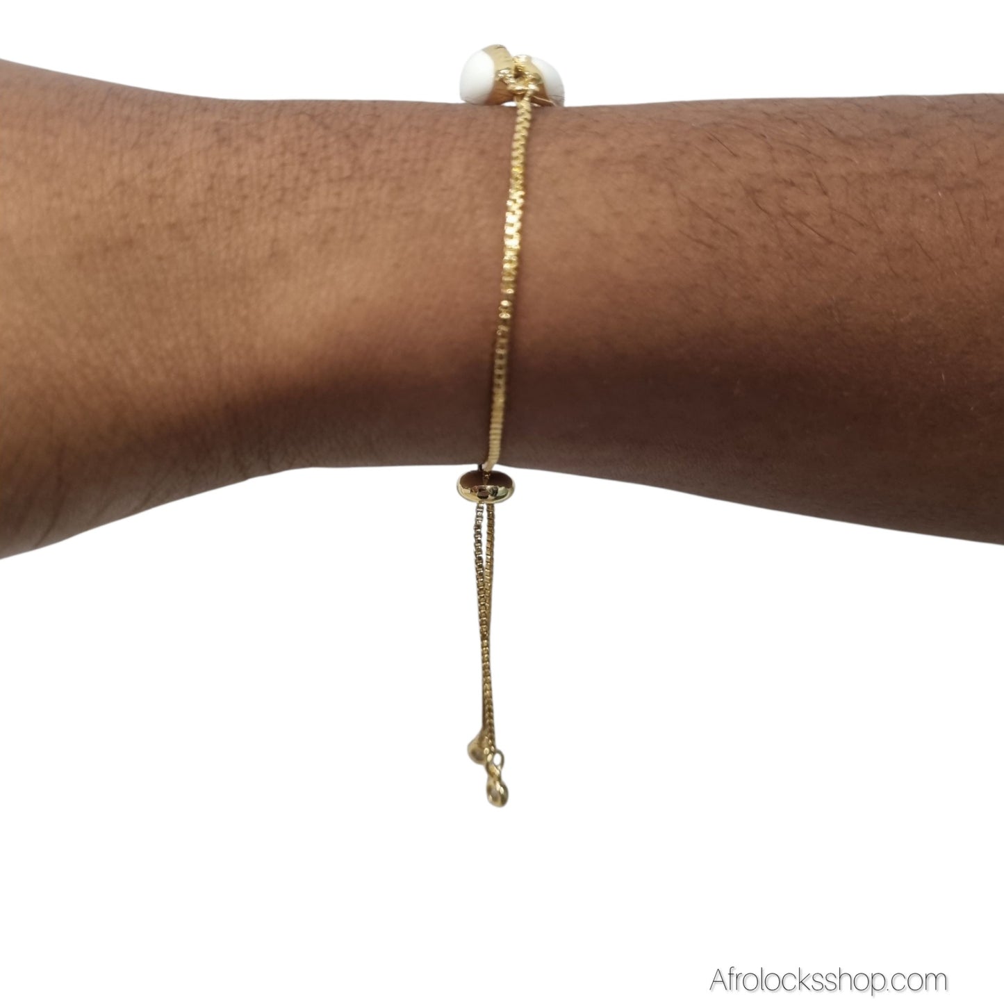 Bracelet cauri synthétique doré – chaîne coulissante ajustable avec pampilles strass