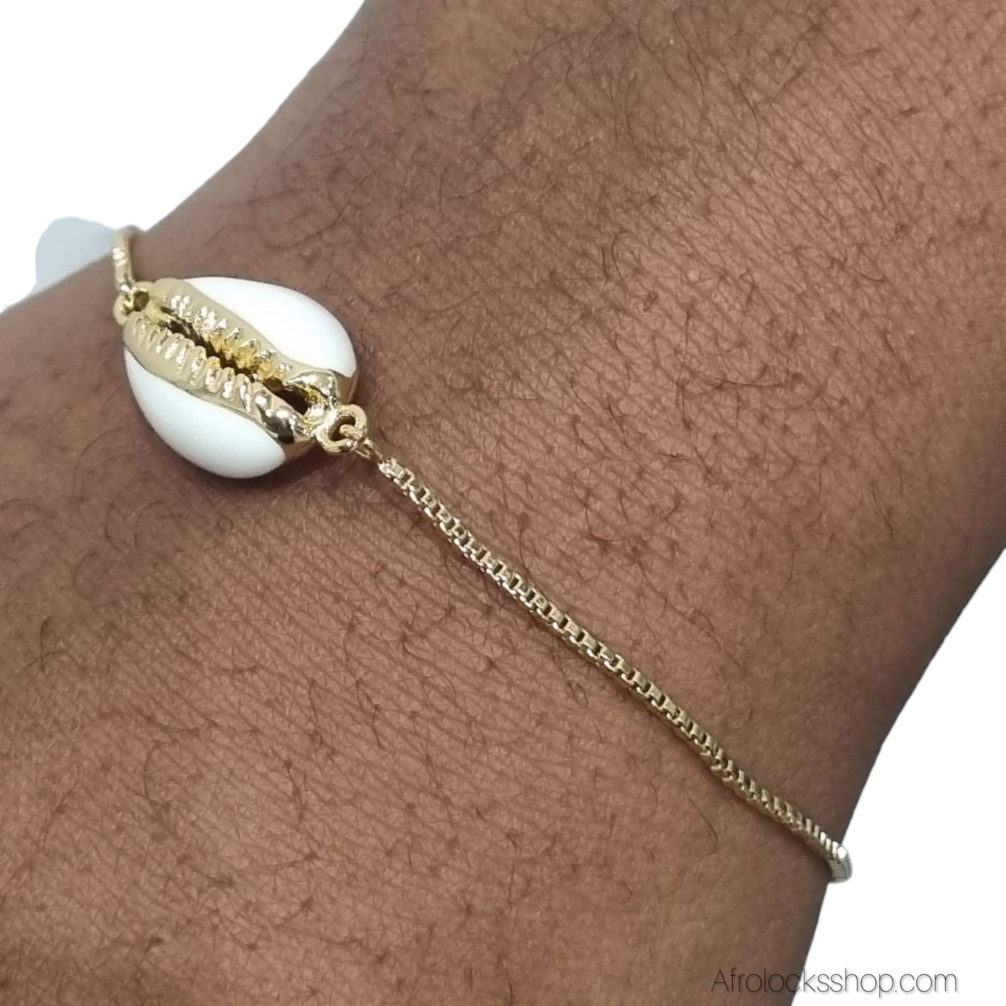 Bracelet cauri synthétique doré – chaîne coulissante ajustable avec pampilles strass