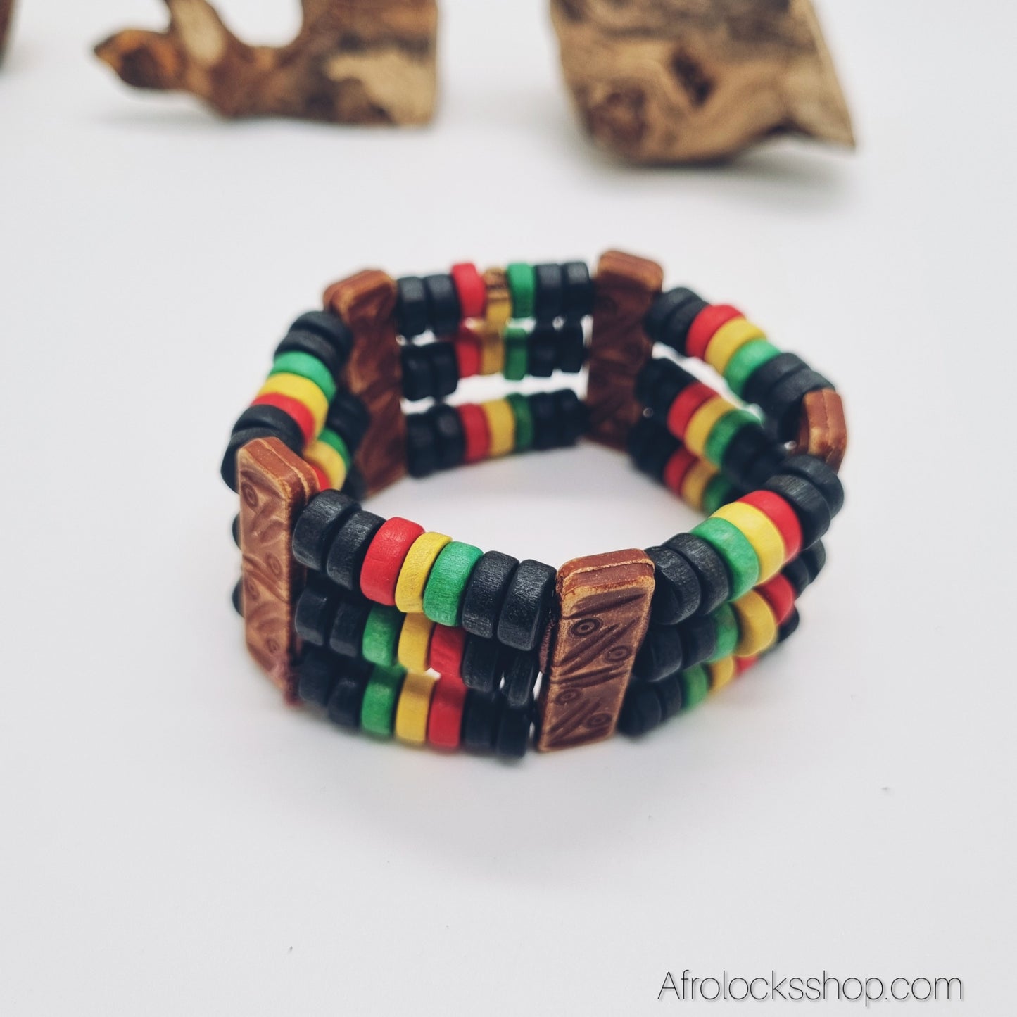 Bracelet Rasta en Perles de Bois – Manchette Élastique Unisexe
