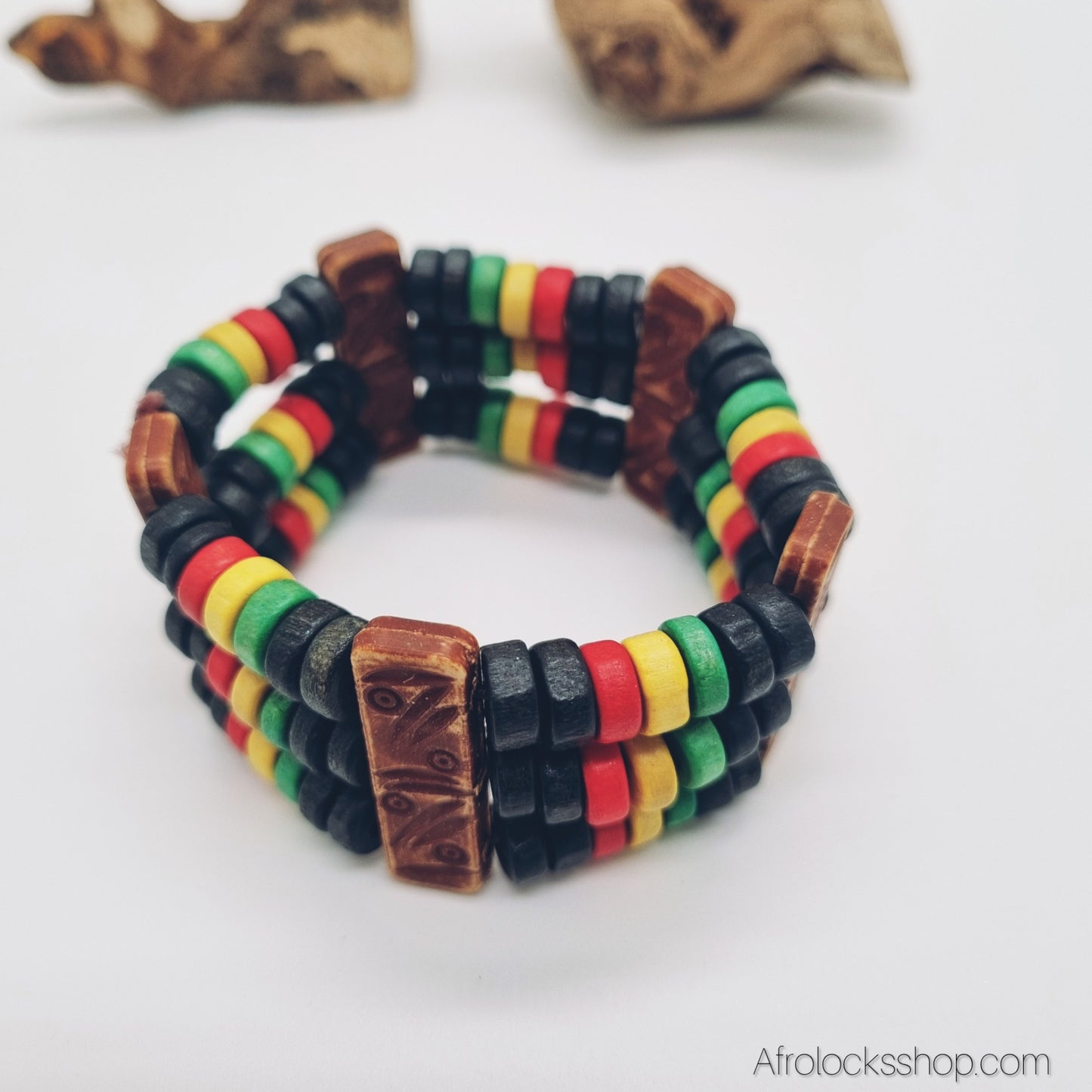 Bracelet Rasta en Perles de Bois – Manchette Élastique Unisexe