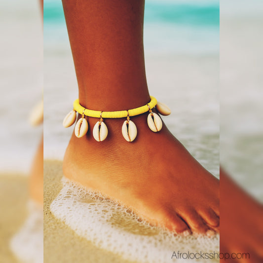 Bracelet cauris élastique – poignet & cheville – 3 coloris (rose, jaune, blanc)