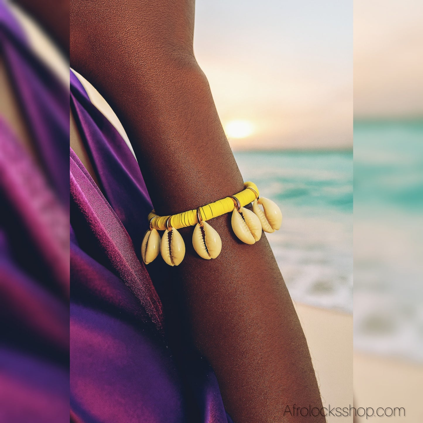 Bracelet cauris élastique – poignet & cheville – 3 coloris (rose, jaune, blanc)