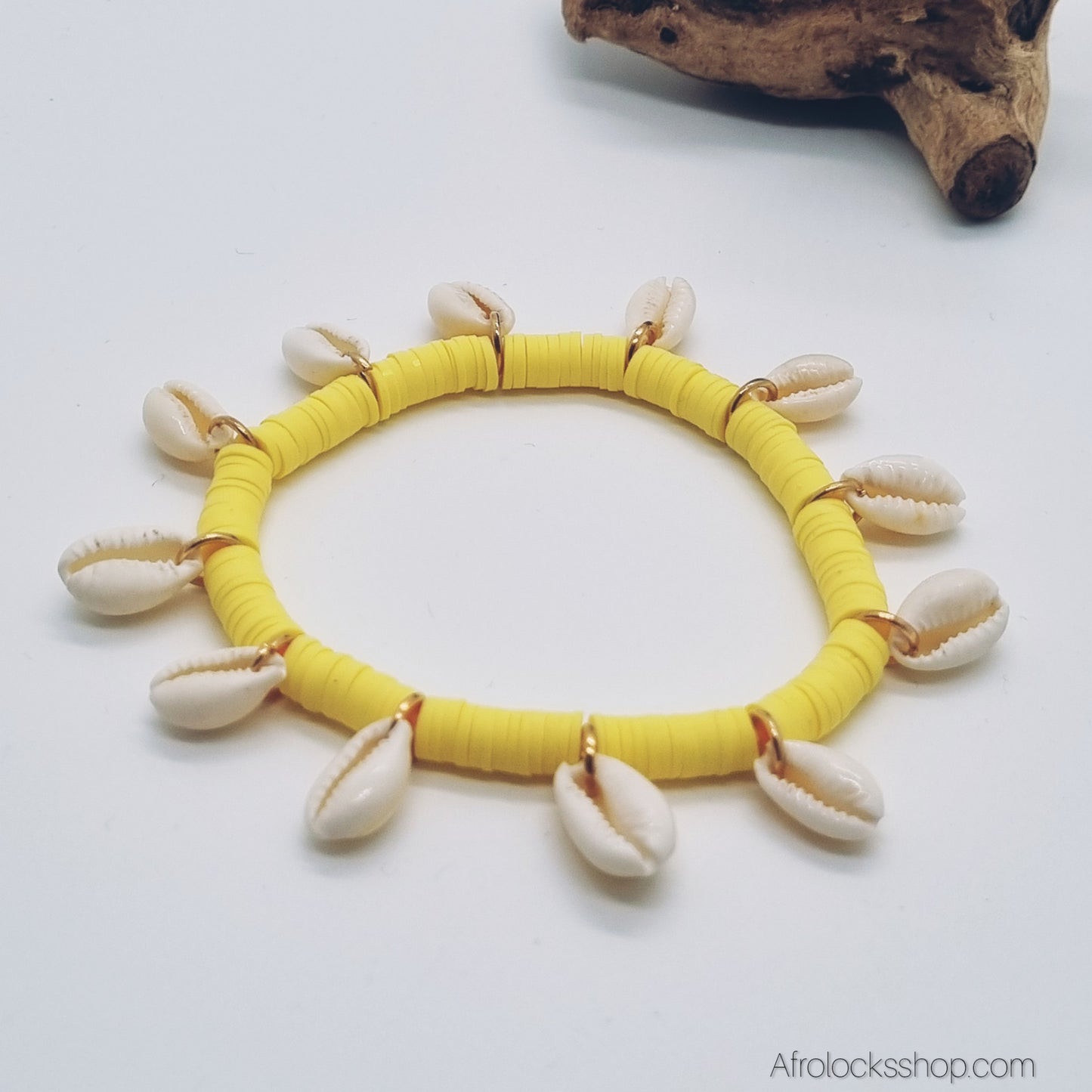 Bracelet cauris élastique – poignet & cheville – 3 coloris (rose, jaune, blanc)