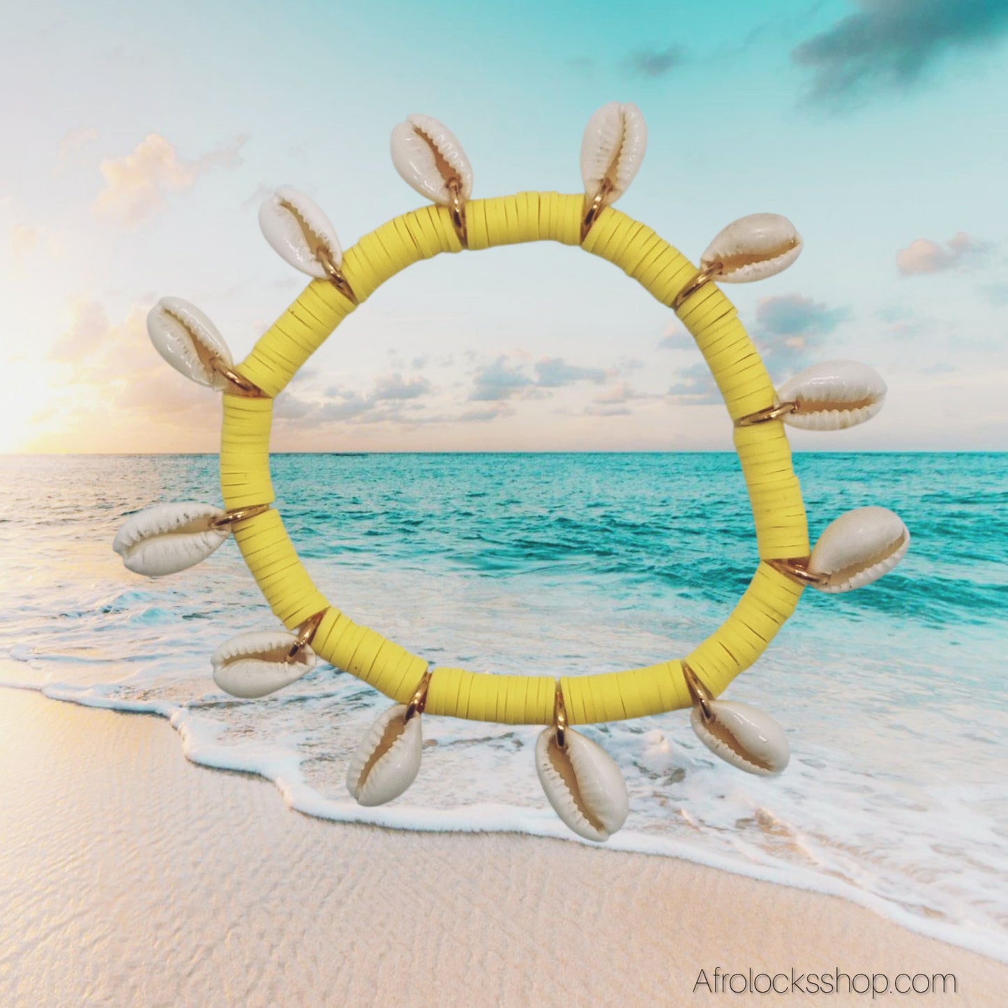 Bracelet cauris élastique – poignet & cheville – 3 coloris (rose, jaune, blanc)