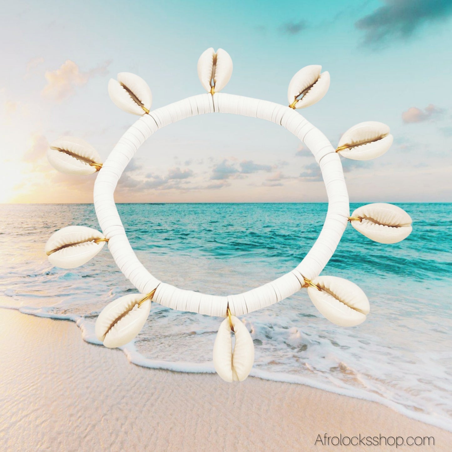 Bracelet cauris élastique – poignet & cheville – 3 coloris (rose, jaune, blanc)