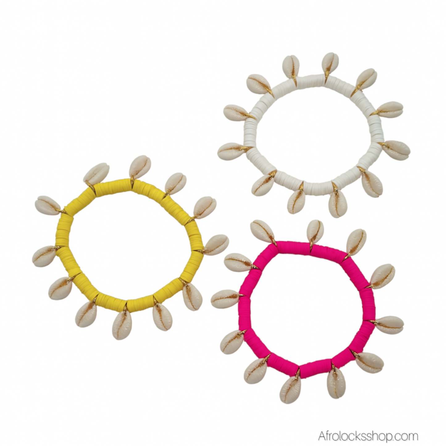 Bracelet cauris élastique – poignet & cheville – 3 coloris (rose, jaune, blanc)