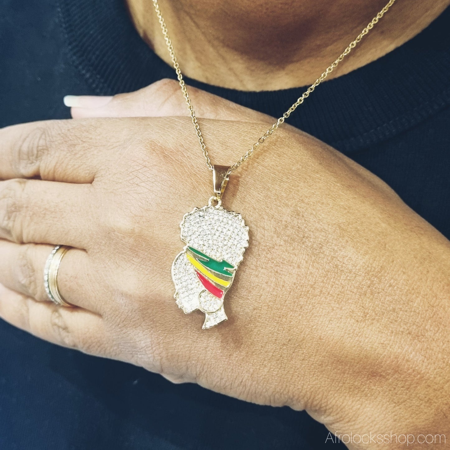 Pendentif “Tête Afro” rasta – acier inoxydable & strass | Charm mousqueton ou Collier chaîne 50 cm