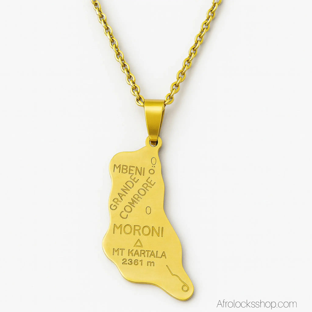 Chaine_pendentif_carte_comores_acier_inoxydable_or - Afro Locks Shop