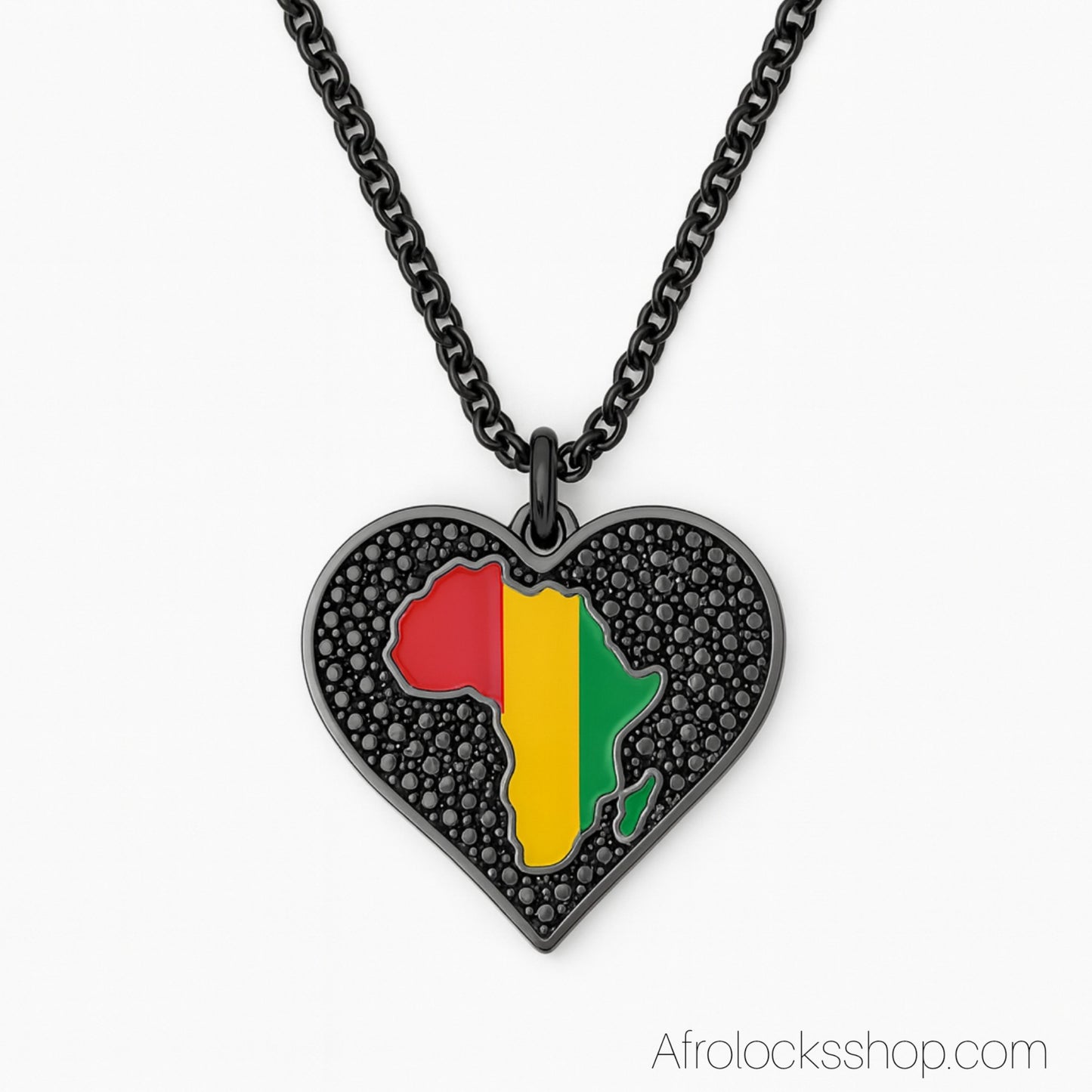 Collier Premium – Cœur Noir & Afrique Tricolore 💚💛❤️ – Acier Inoxydable & Zirconium (50 cm)