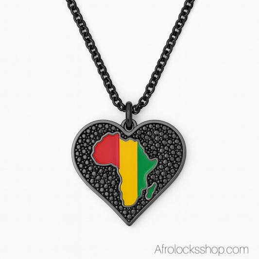 Collier Premium – Cœur Noir & Afrique Tricolore 💚💛❤️ – Acier Inoxydable & Zirconium (50 cm)
