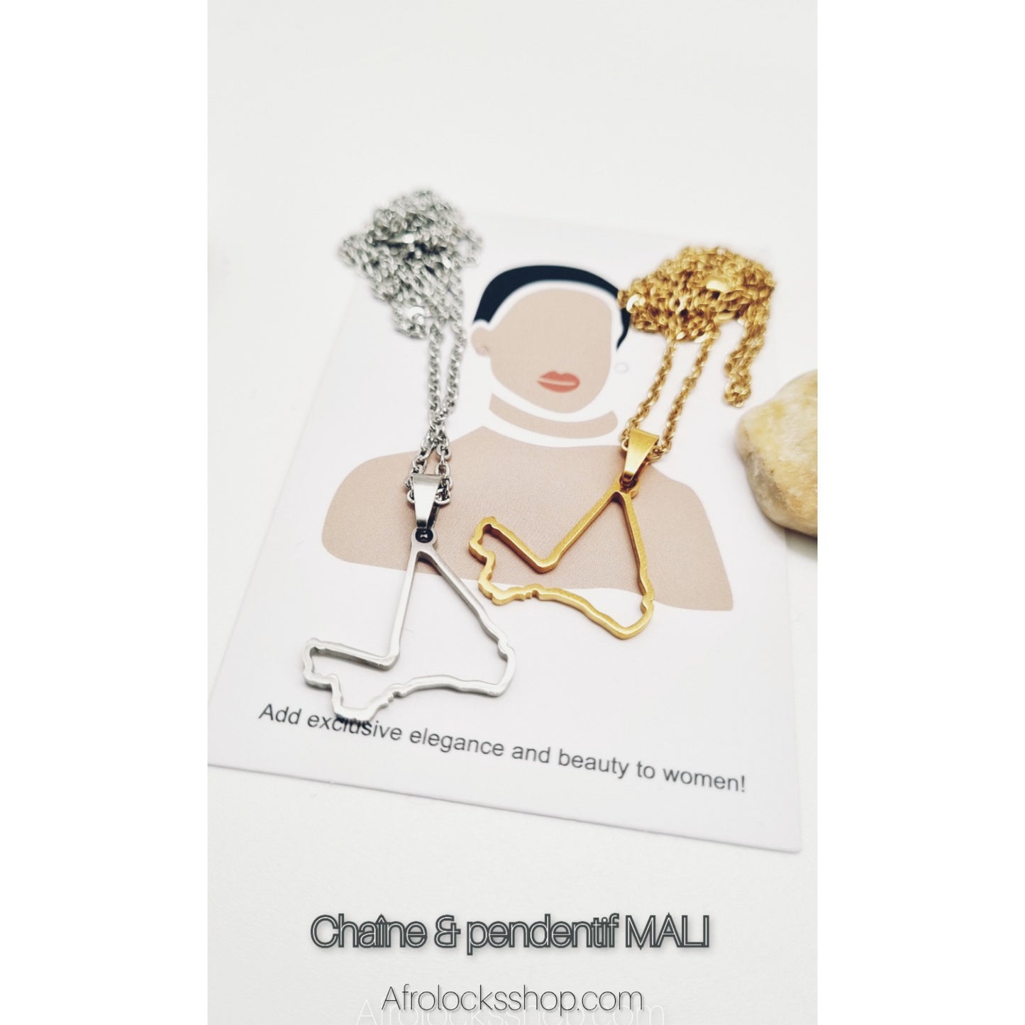 Collier Carte du Mali – Acier inox 316L (Doré ou Argenté) – Chaîne 50 cm