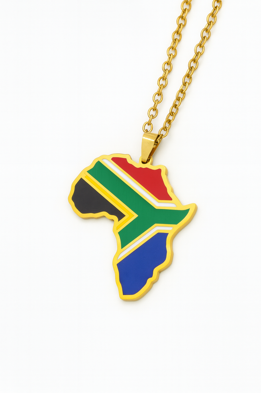 Collier Carte d’Afrique – Drapeau Afrique du Sud 🇿🇦 – Acier inox 316L – Chaîne 50 cm