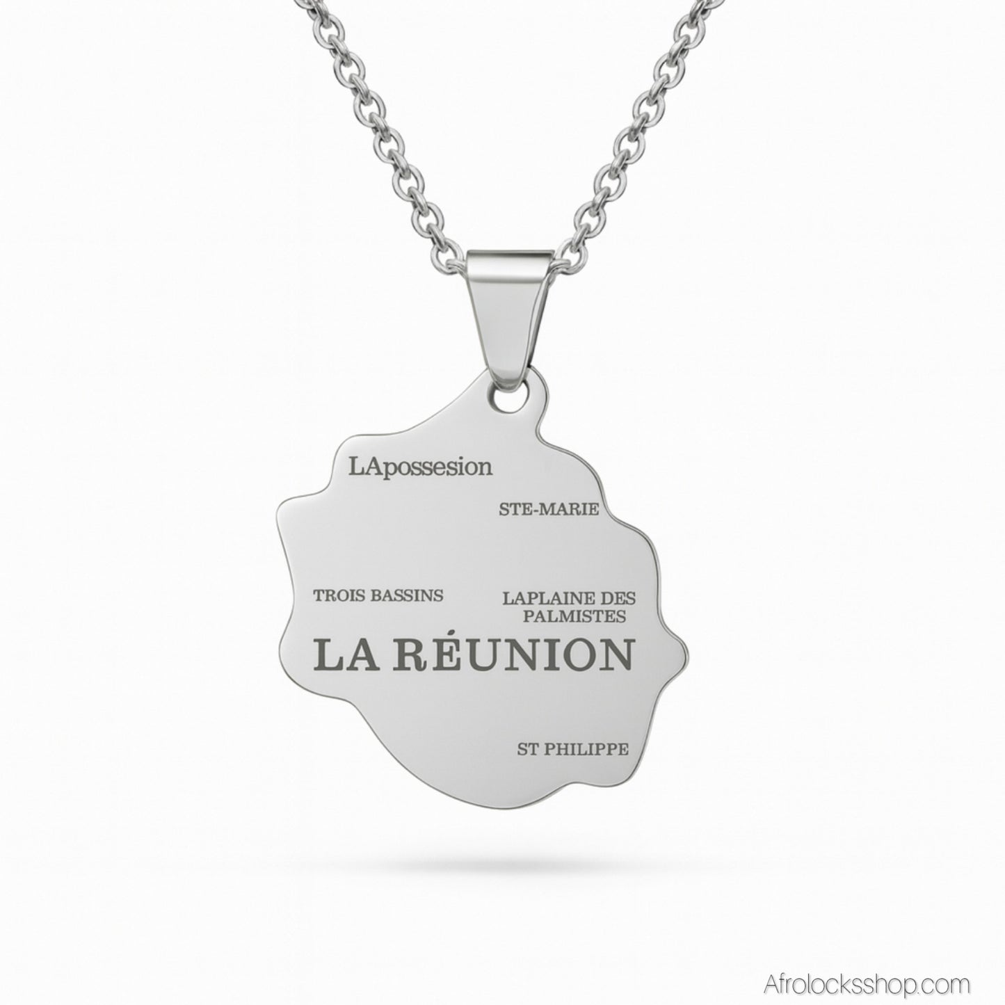 🌴 Collier carte « Île de La Réunion » – acier inox 316L – chaîne 50 cm – doré ou argenté